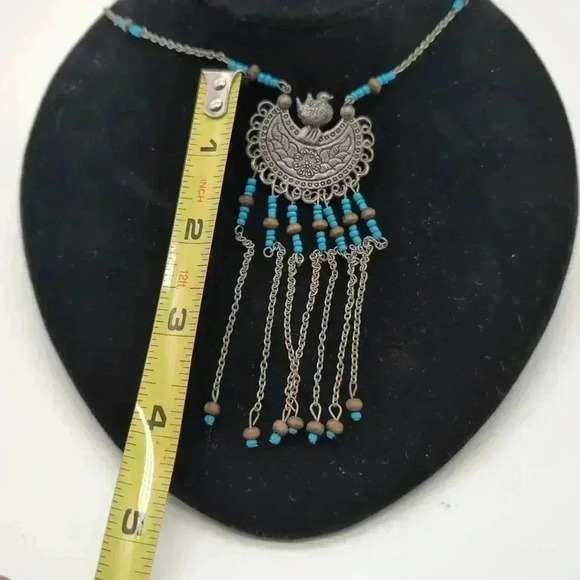 Silver and turquoise necklace and earrings set small bird on crescent  19 in - Picture 3 of 5